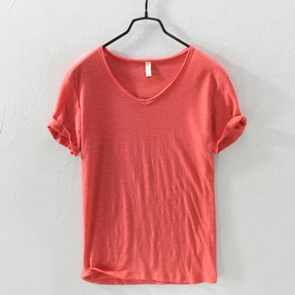 BlackPluss - 100% Cotton T-shirt Men V-neck Solid Color Casual T Shirt.