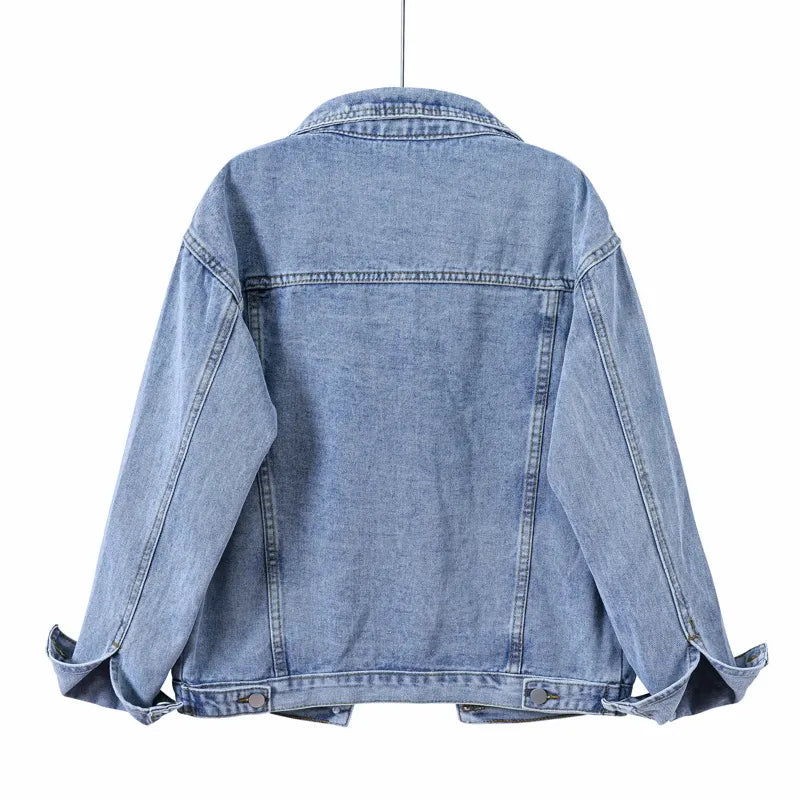 BlackPluss - Vintage Women Jacket Oversize Denim Jackets Washed Blue Jeans Coat Turn-down Collar Outwear Bomber Jacket