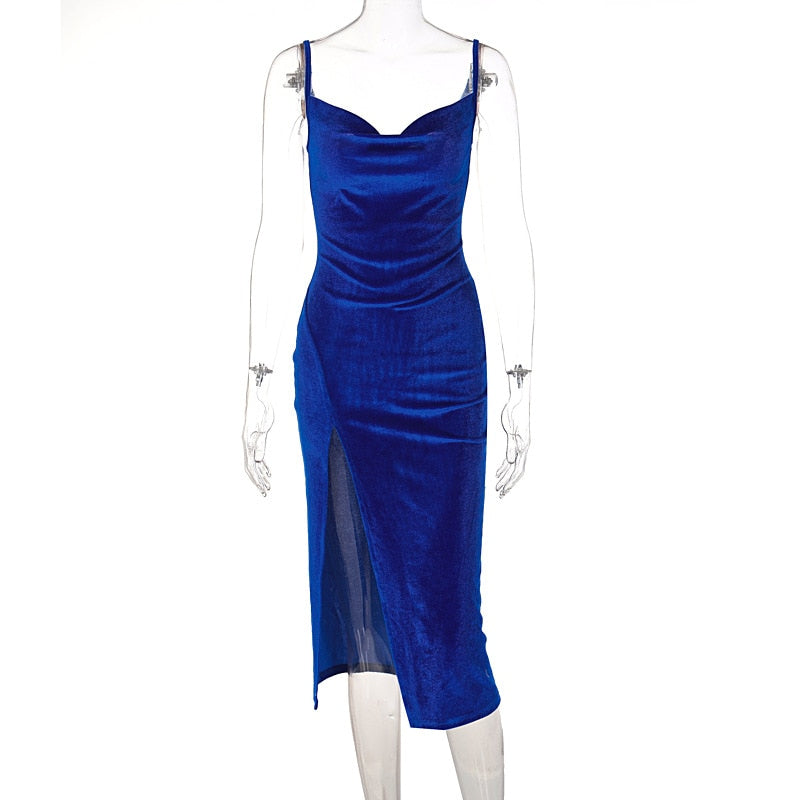 BlackPluss - فستان مخملي متوسط ​​الطول بدون أكمام مكشوف الكتفين وظهر.