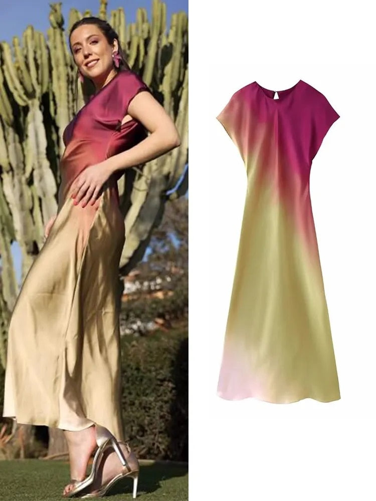 BlackPluss -  Tie-Dyed Long Dress Elegant Sleeveless Folds Sweet.