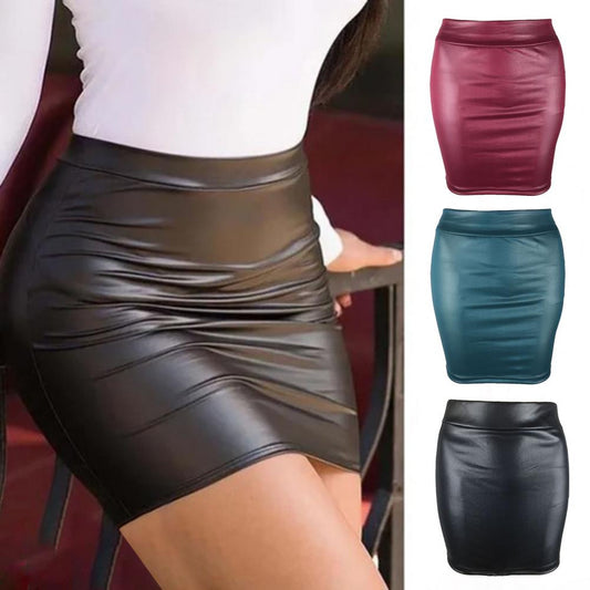 BlackPluss - Women Mini Skirt Solid Color High Waist Slim Fit Skinny Matte Faux