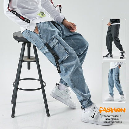 BlackPluss - Men Joggers Cargo Denim Pants Baggy Harem Japanese Streetwear.