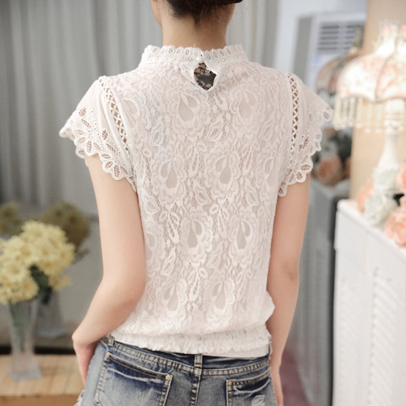 BlackPluss -  White Lace Blouse Short Sleeve Stand Collar Women Tops.