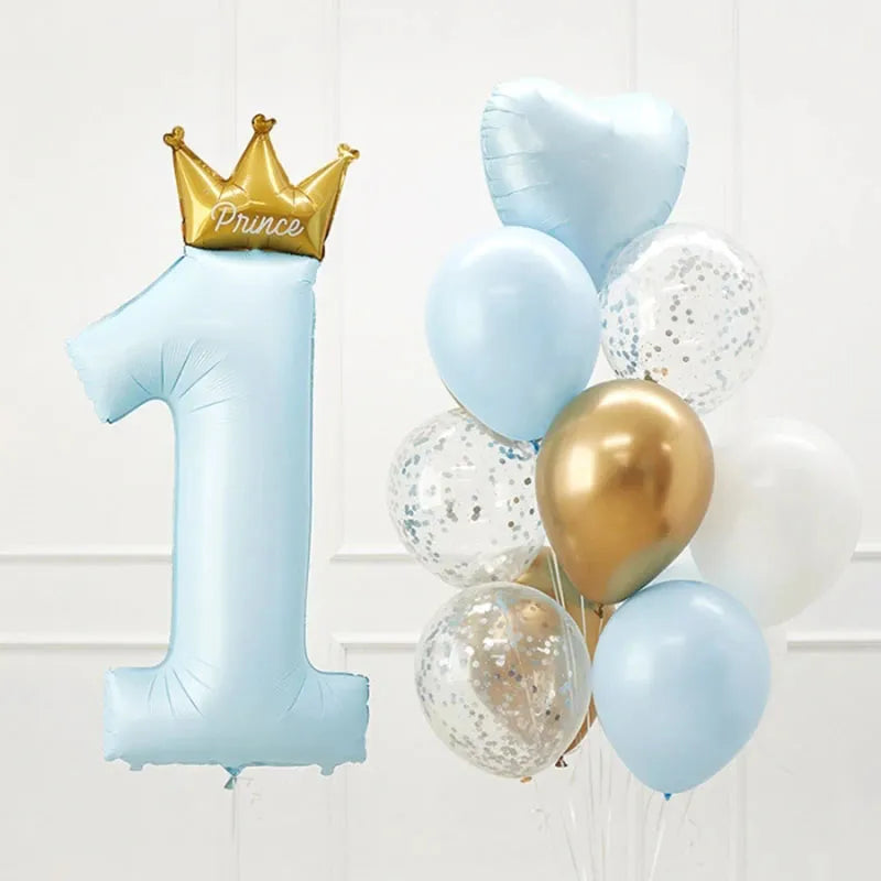 BlackPluss - 40inch Prince Crown Number Foil Balloons 1st Birthday Party Decorations Kids Boy Girl First One Year Anniversary