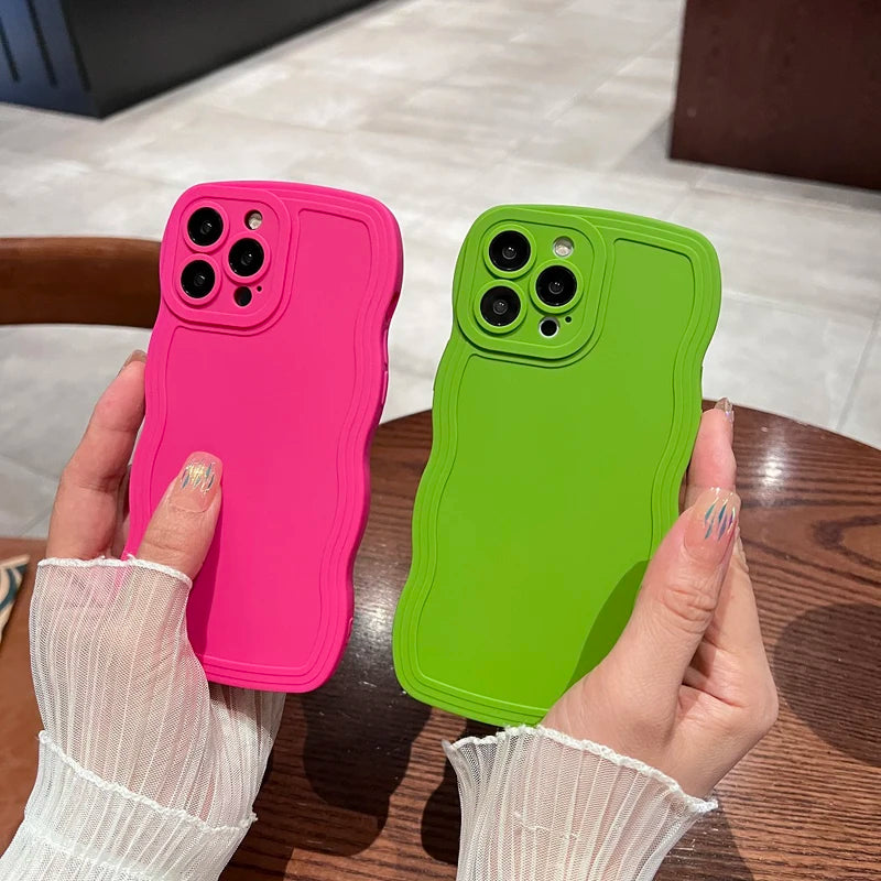 Fashion Solid Color Curly Wavy Phone Case For iPhone 15 14 13 12 11 Pro Max 14plus XS Max X XR 7 8Plus Shockproof Bumper Cover