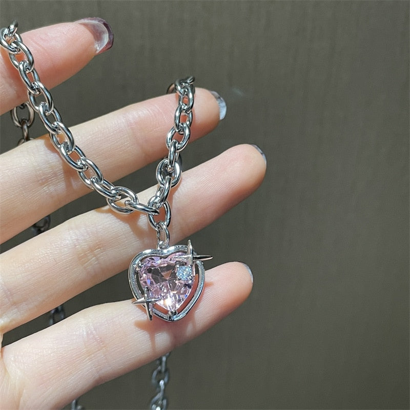 BlackPluss - Peach Heart Water Drop Pendant Necklace Pink Crystal