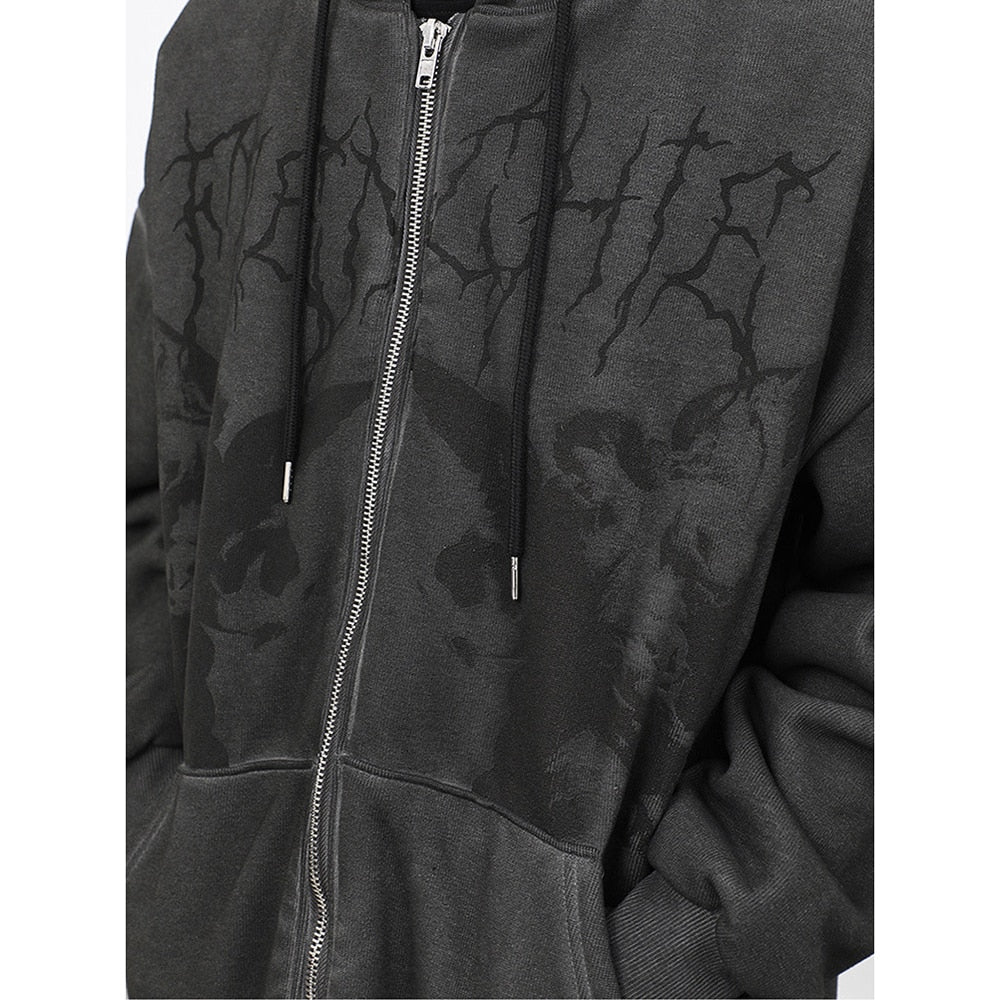 BlackPluss - Vintage Angel Print Hooded Jacket Zip Up Long Sleeve Pocket.