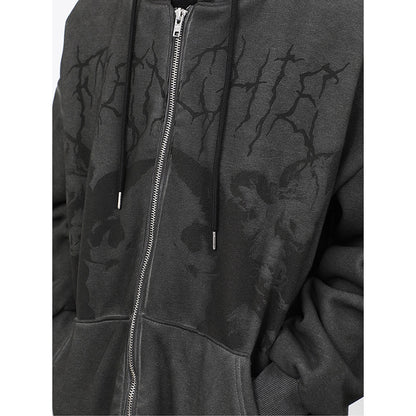 BlackPluss - Vintage Angel Print Hooded Jacket Zip Up Long Sleeve Pocket.