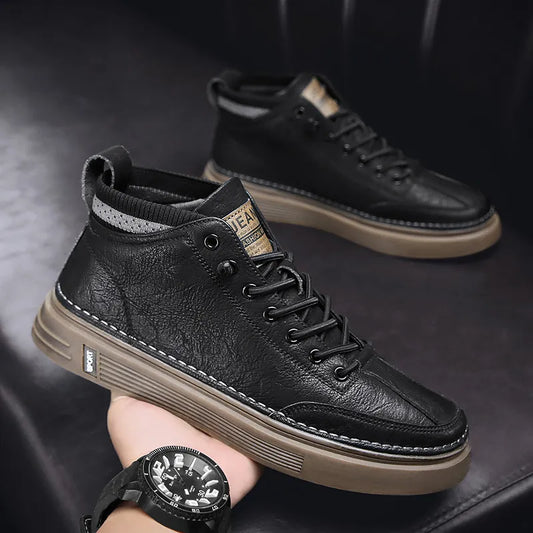 BlackPluss - Shoes for Men High-top Black Casual Male Sneakers Platform Ankle Boots.