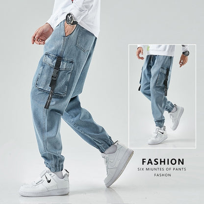 BlackPluss - Men Joggers Cargo Denim Pants Baggy Harem Japanese Streetwear.