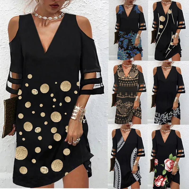 BlackPluss - Elegant Style Summer V Neck New Dress for Women Casual Loose Floral Print Pullover Mesh Half Sleeve Beach Dress