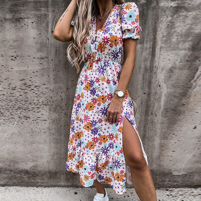 BlackPluss - Floral Print long dress, V-neck, Short Sleeve.