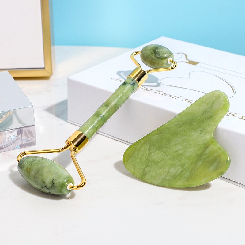 BlackPluss - 2pcs Jade Massagers For Face Body Scraper Beauty Facial Roller Set