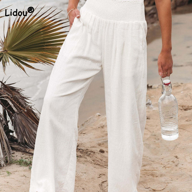 BlackPluss - Lady Cotton Linen Pockets Solid Loose Casual White Wide Leg