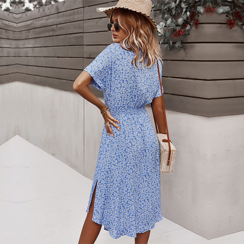 BlackPluss - Floral Short Sleeve  Midi V-Neck Beach Boho Chic Dress