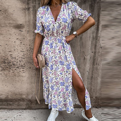 BlackPluss - Floral Print long dress, V-neck, Short Sleeve.