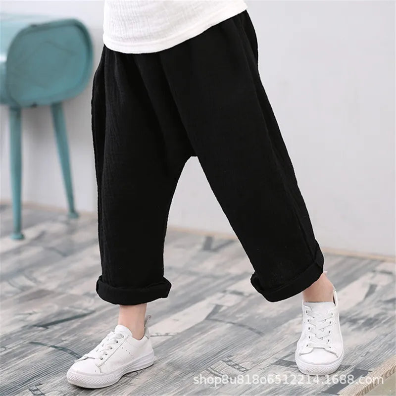 BlackPluss - Kids Pants Boy Girl Summer Solid Color Linen Pleated Trousers Children.