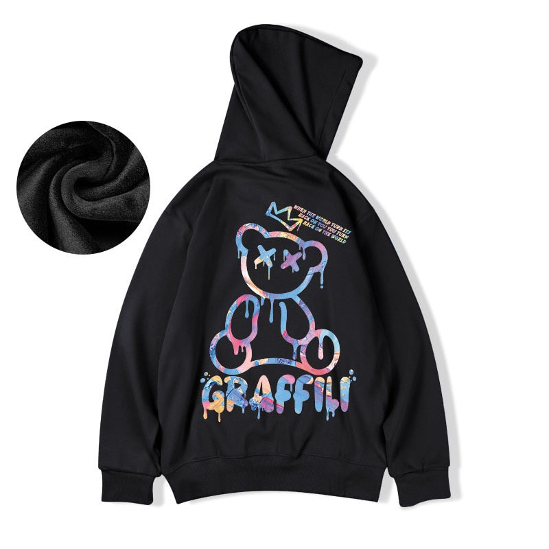 BlackPluss - High Street Graffiti Bear Print Men's Fleece Hoodie Retro