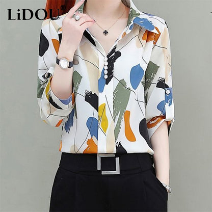 BlackPluss - Korean Fashion Printed Chiffon Shirt Ladies Half Sleeve Loose Casual.