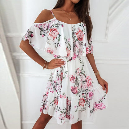 BlackPluss - Strap Floral Print Off Shoulder Chiffon Boho Dress