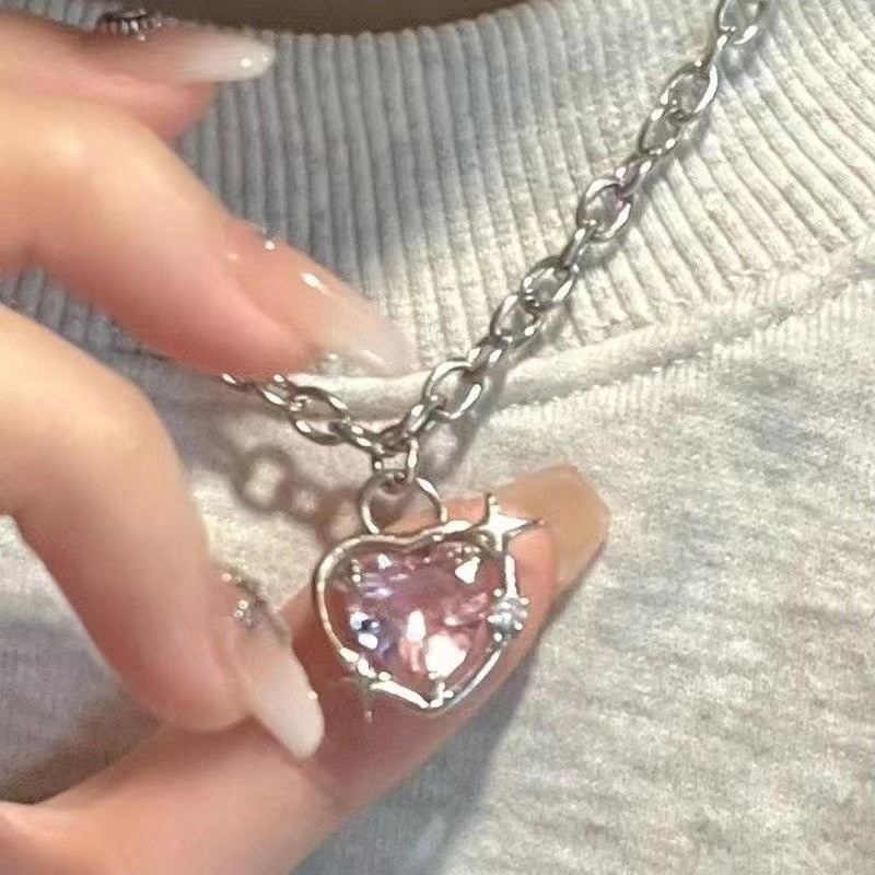 BlackPluss - Peach Heart Water Drop Pendant Necklace Pink Crystal