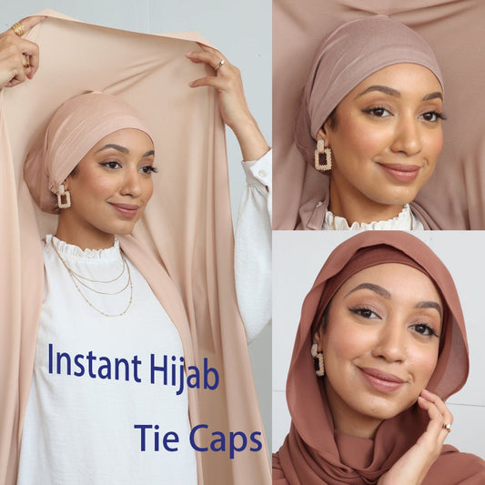 BlackPluss - Instant Hijabs Chiffon Hijab Scarf With Tie Jersey Caps Bonnet