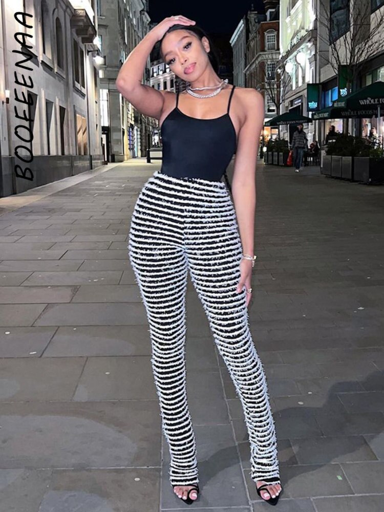 BlackPluss - Black and White Striped Knitted Stacked Pants Women