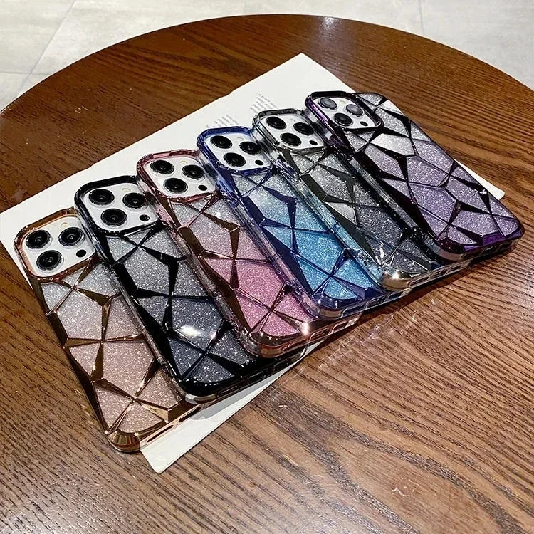 Luxury Girl's Phone Case for iPhone 15 14 13 12 11 Pro Max Plus Glitter Bling 3D Cube Diamond Marble Soft TPU Shockproof Cover