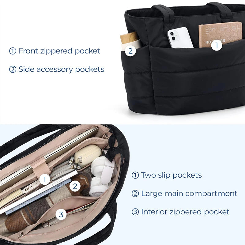 Blackpluss | Puffy Tote Bag for Women Big Square Cotton Padded Female Quilting Shoulder Purse Simple Daily Handbag Women's Bag