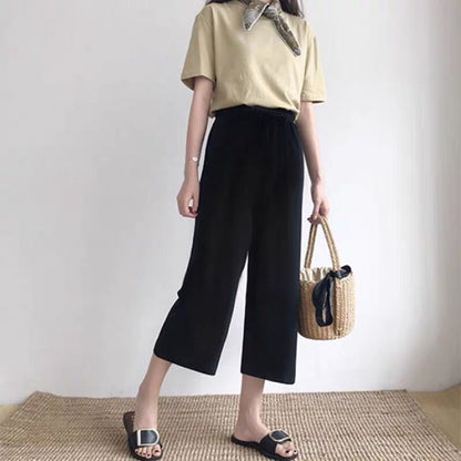 BlackPluss - Casual Pants Women Spring Summer Ankle-length Loose Wide Leg Elastic