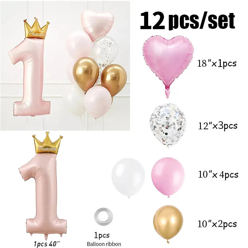 BlackPluss - 40inch Princess Crown Number Foil Balloons 1st Birthday Party Decorations Kids Girl Boy Baby First One Year Anniversary Supplies