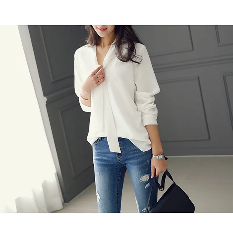 BlackPluss - Long Sleeve Bow Tie Shirt Spring and Autumn New Fashion Women's Clothing Loose Chiffon