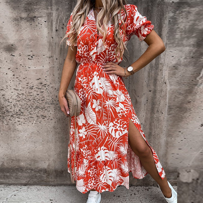 BlackPluss - Floral Print long dress, V-neck, Short Sleeve.