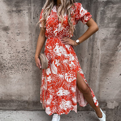 BlackPluss - Floral Print long dress, V-neck, Short Sleeve.