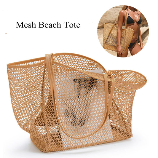 Black Pluss - Mesh Beach Tote Bag Shoulder Handbag Swimming Beach Bag.