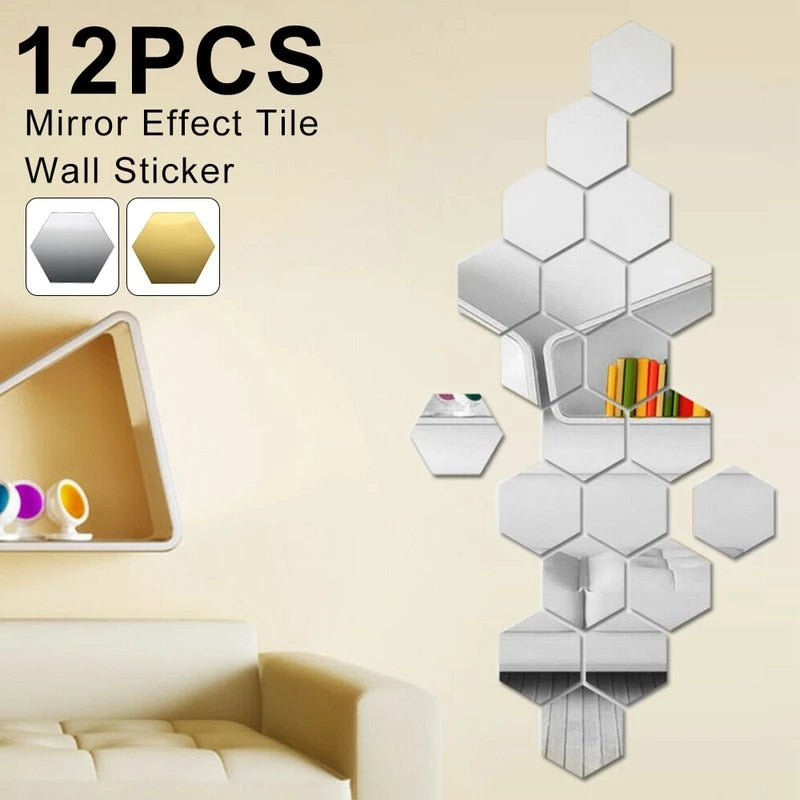 BlackPluss - 12pcs 3D Mirror Wall Stickers Hexagon Shape Acrylic