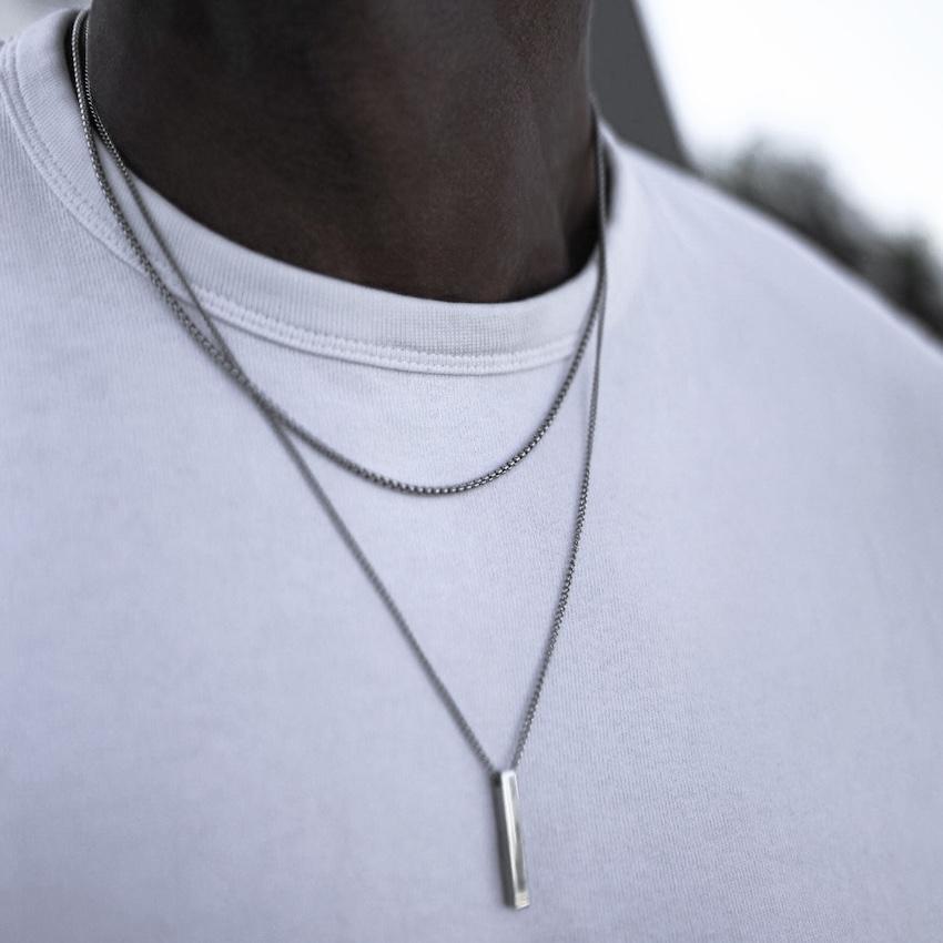 BlackPluss - Vertical Bar Necklaces for Men, Layering Stainless Steel Geometric Pendan.