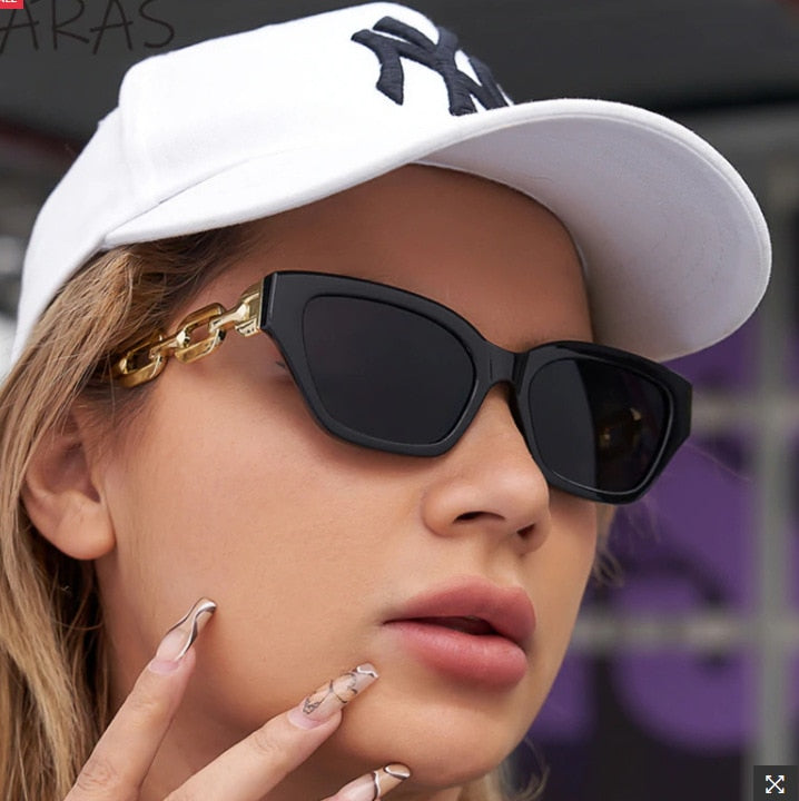 BlackPluss - Cat Eye Sunglasses Women Trend New Fashion Small Metal Chain Sunglasses Elegant Eyeglasses Black Shades.