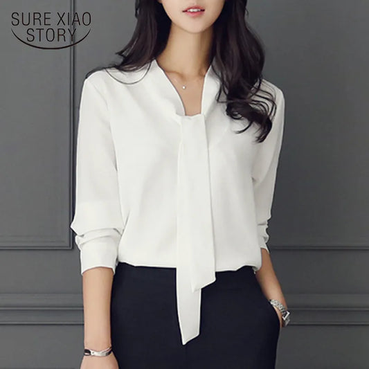 BlackPluss - Long Sleeve Bow Tie Shirt Spring and Autumn New Fashion Women's Clothing Loose Chiffon