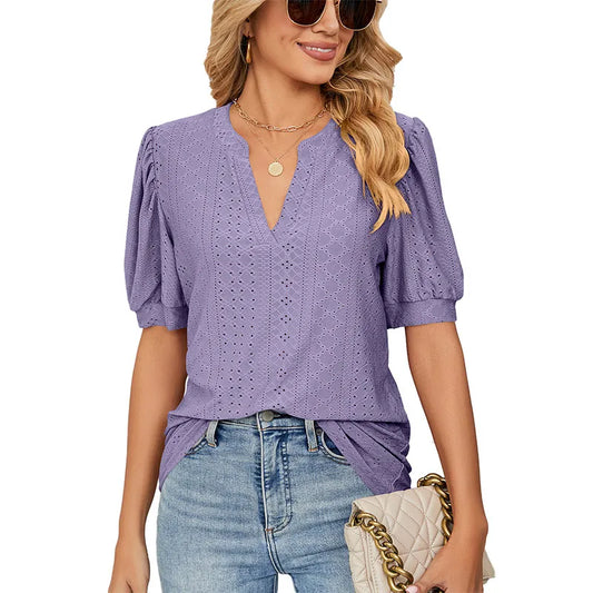 BlackPluss - Solid Elegant V-Neck Loose Blouses Fashion Summer Women's Puff Sleeve Shirts And Blouse.