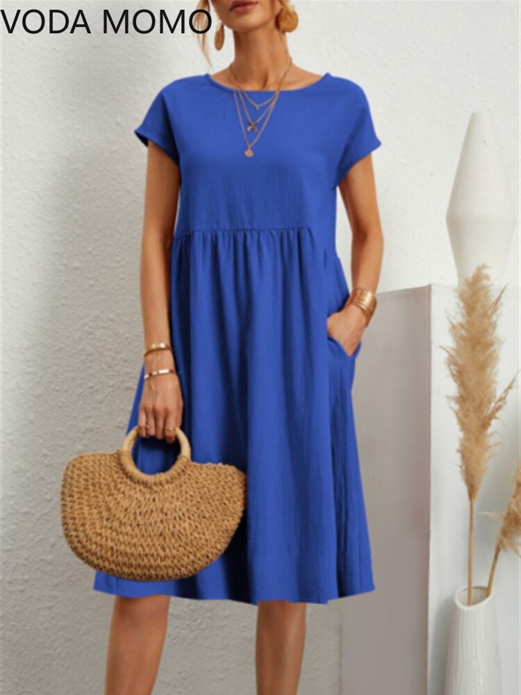 BlackPluss - Elegant cotton short-sleeved boho midi dress.