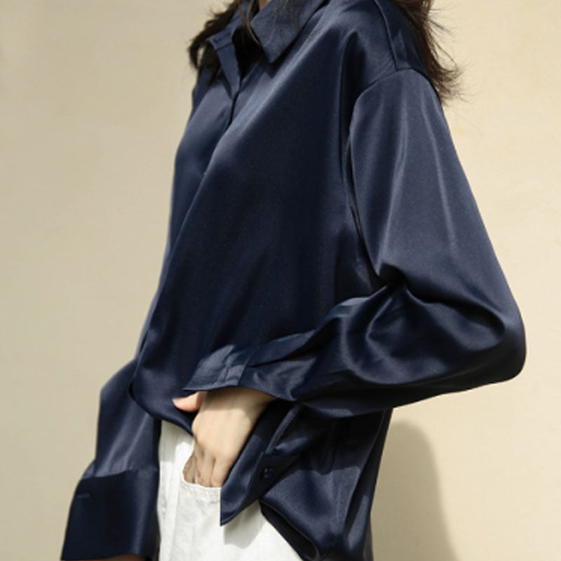 BlackPluss - Button Up Satin Shirt Vintage Blouse White Long Sleeves Female Loose Street.