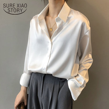 BlackPluss - Button Up Satin Shirt Vintage Blouse White Long Sleeves Female Loose Street.