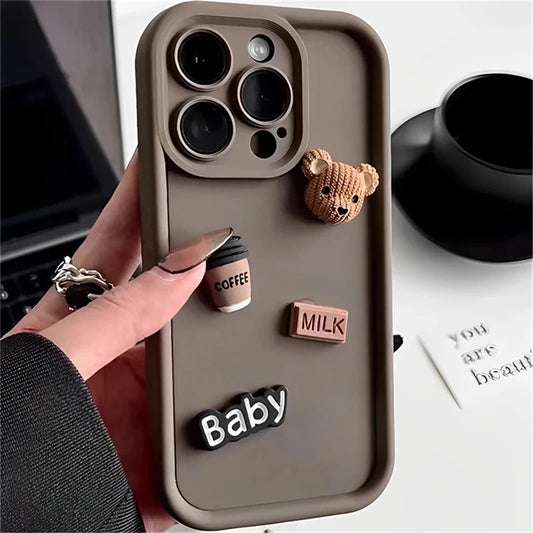 Cute 3D Bear Coffee Milk Shockproof Soft Phone Case For iPhone 11 13 12 14 15 Pro Max Plus X XR XS Max 7 8 Plus Cartoon Cover