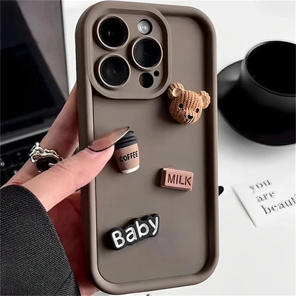 Cute 3D Bear Coffee Milk Shockproof Soft Phone Case For iPhone 11 13 12 14 15 Pro Max Plus X XR XS Max 7 8 Plus Cartoon Cover