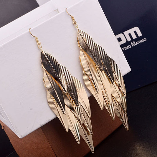 BlackPluss - Leaf Drop Long Earrings Willow Fringed Tassel Gold Color.