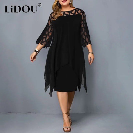 BlackPluss| New Elegant Lace Mesh Plus Size Dresses Women Sexy