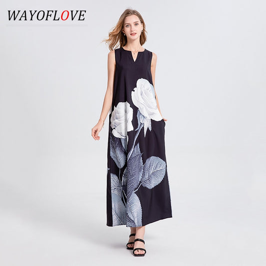 BlackPluss - Long Dress Black Sleeveless Loose V-neck Elegant Dress.