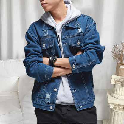 BlackPluss - Men Cargo Coat Lapel Washable Dressing Denim Jacket.