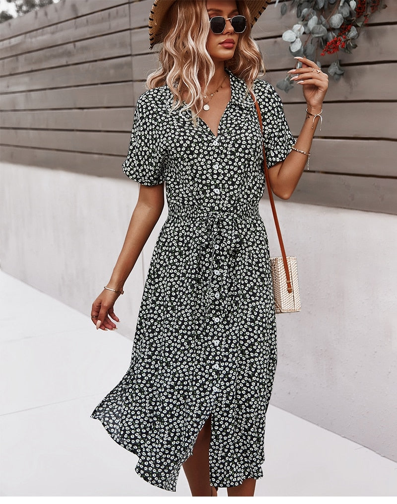 BlackPluss - Floral Short Sleeve  Midi V-Neck Beach Boho Chic Dress